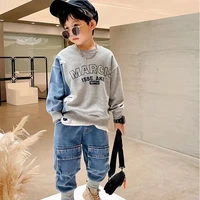 boys spring and autumn suit new childrens handsome fashion denim sweater two piece sweater pants 2 piece suit