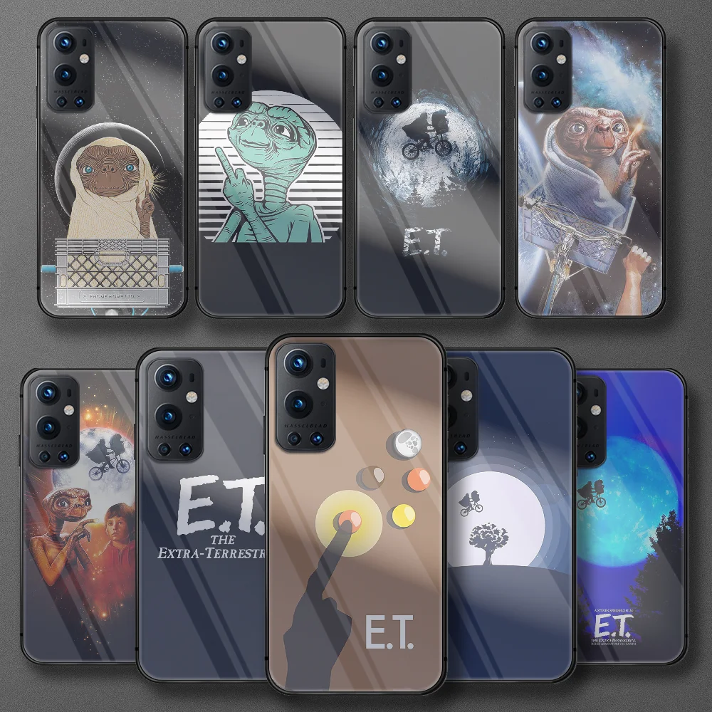 

Movie Cute E.T. Alien Tempered Glass Phone Case For Oneplus Realme Q3 C21 GT Nord 5 6 7 8 9 T Pro Oppo Find X3 Cover Black