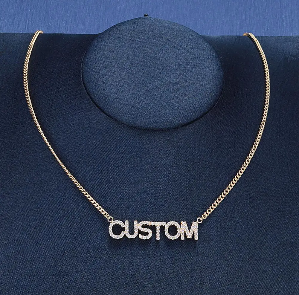 Custom Name Necklace Diamonds CZ Crystal Inlaid for Women Girls Personalized Nameplate Pendant Jewelry Stainless Steel Gold
