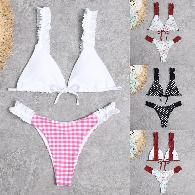 

Hot kf-Women's Lace Small Floral Knot V-Neck Split Bikini Set