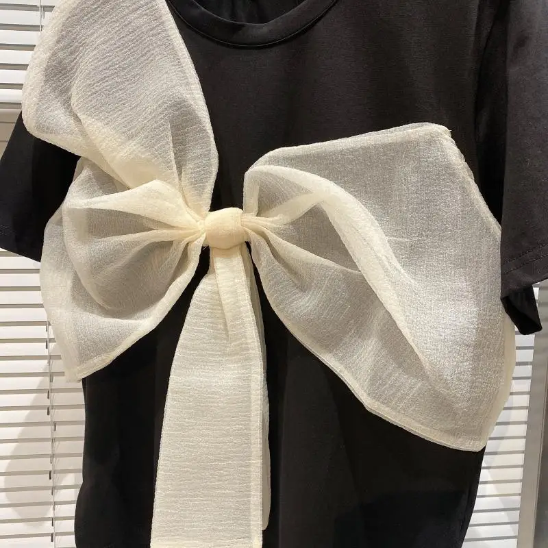 

2021 Summer New Fashion Sexy Mesh Tops Bow Small Short Slim-Fit Korea Style Sweet Tees Short-Sleeved Straight T-shirt for Women