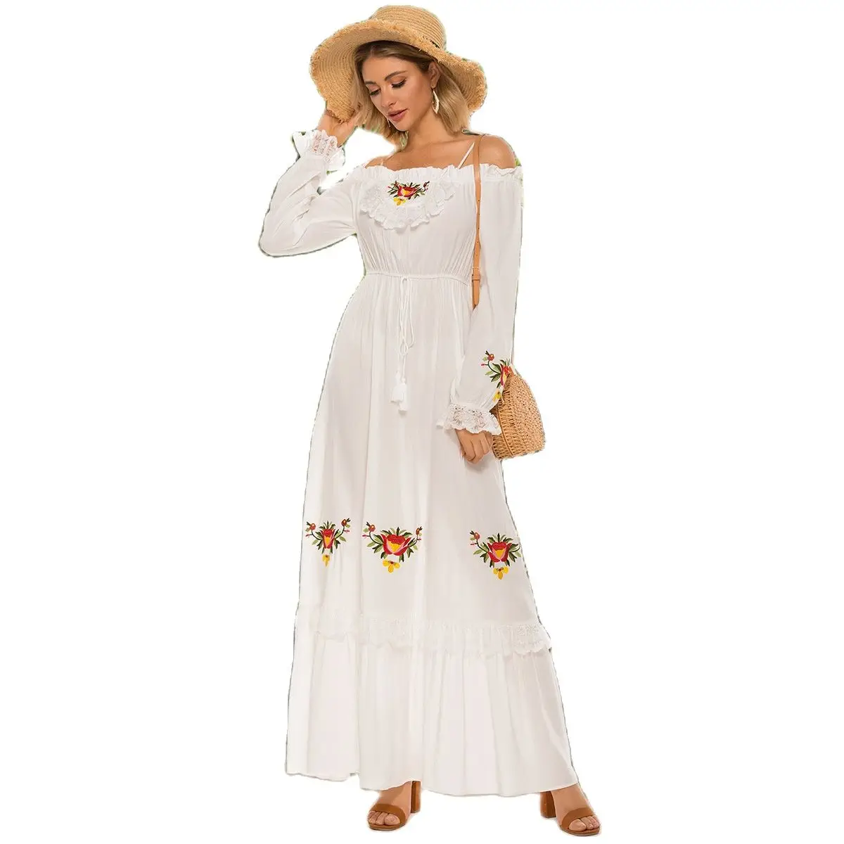 Kaftan Dress Vestido 9450 Sexy Fashion One Shoulder Embroidery Lace Petals Long Sleeve Elastic Waist Pleated Skirt