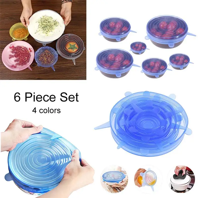 

6 Pcs Reusable Silicone Food Pot Lid Bowl Covers Wrap Stretchable Preservative Film AIA99