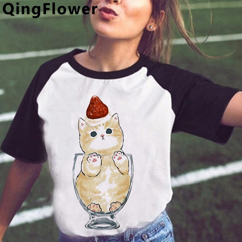 

Harajuku милый кот с забавным мультипликационным принтом Футболка для женщин Ullzang Kawaii кошки 90s футболка уличная одежда с графическим принтом Фу...