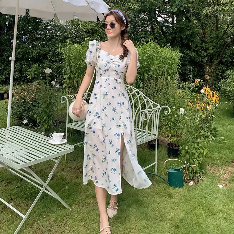 

Dress women new women's first love sweet french little fragrant style square neck puff sleeve waist skirt women plus size dress