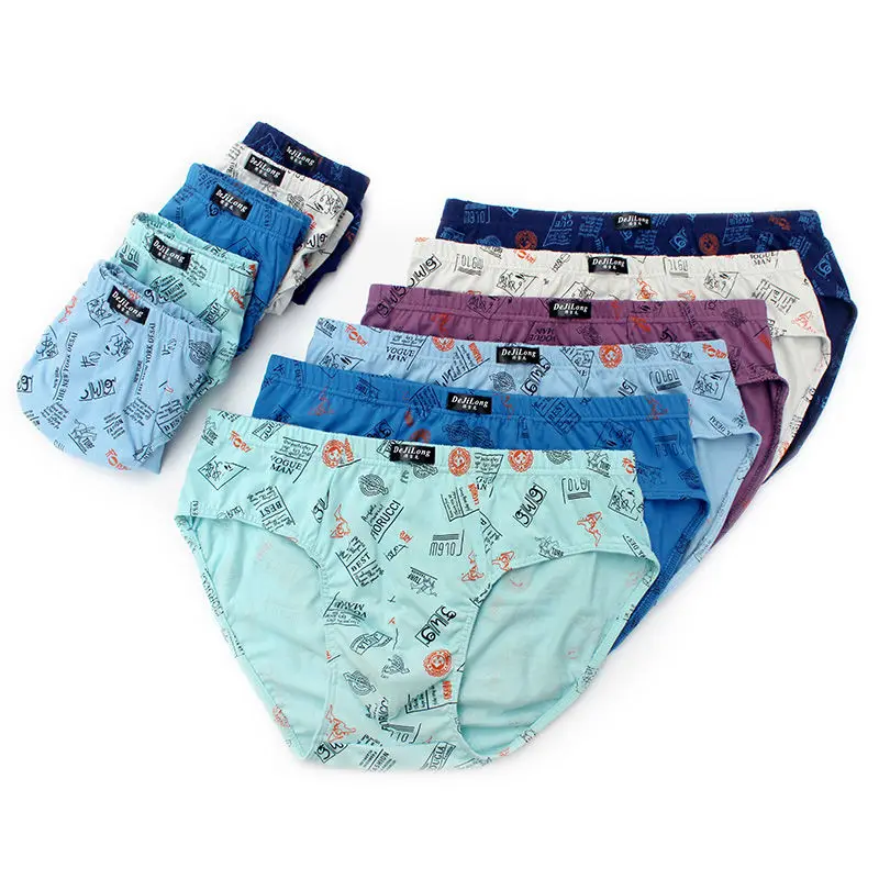 5pcs/Lot Men's 100% Cotton Briefs Mid Waist Briefs Large Size Printing Middle Aged Youth Pants Cotton Panties