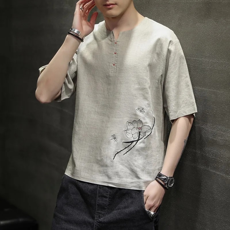 Китайский Стиль из хлопка и льна Футболка мужская футболка с коротким рукавом