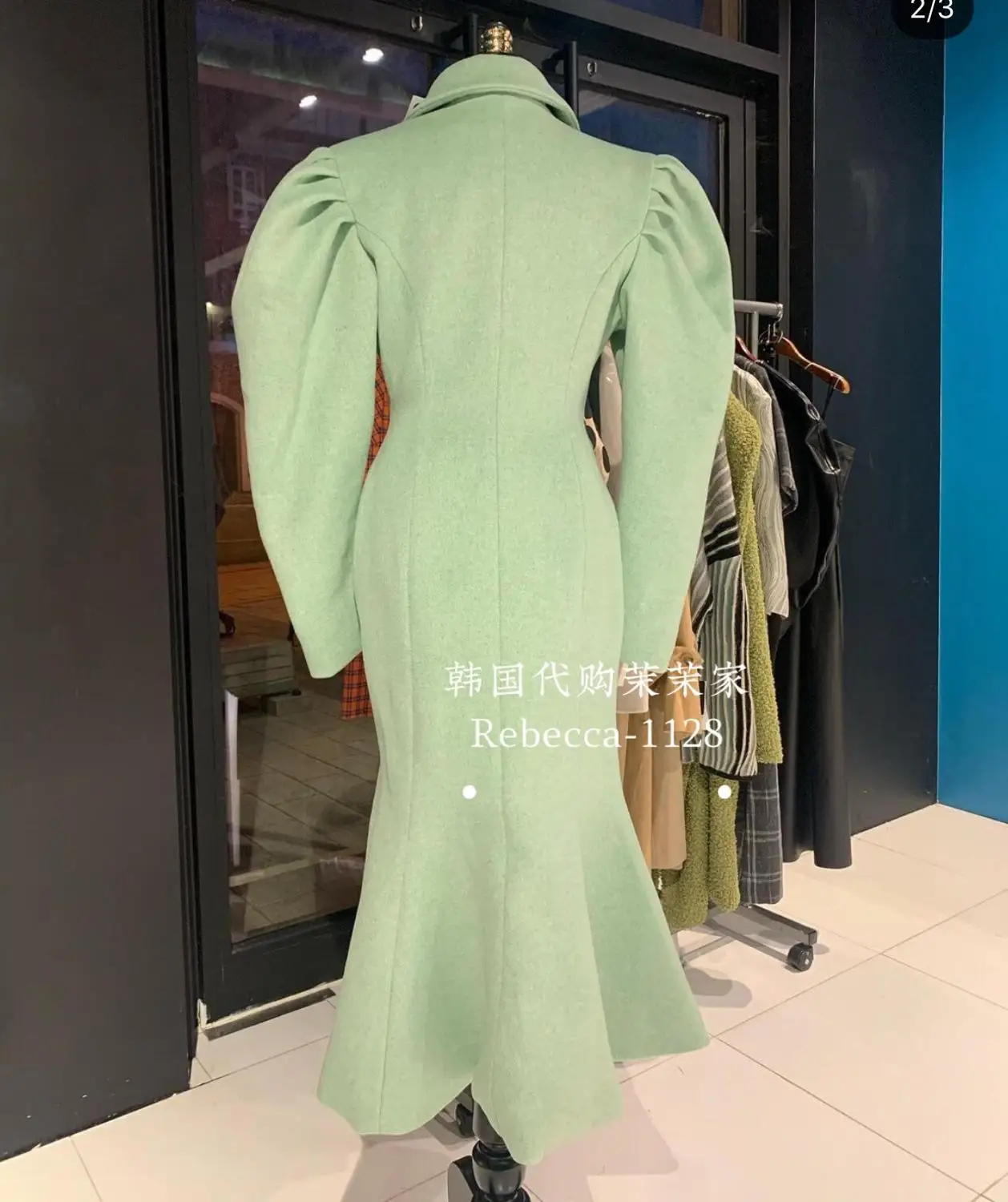 

Autumn winter elegant lapel double-breasted woolen coat women puff sleeve slim mermaid long overcoat