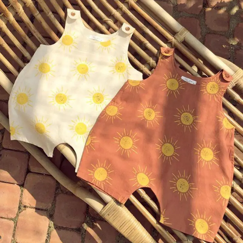 

2021 Summer New Fashion Toddler Girls Overalls Sun Print Sleeveless Jumpsuit For Kids Baby Boy Romper Children Clothes