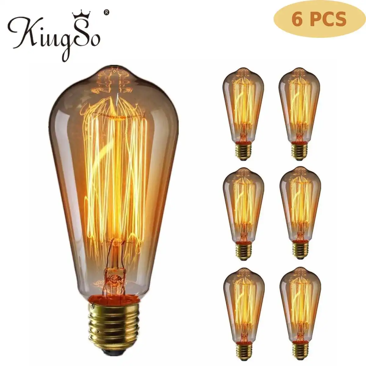  KingSo 6 шт. Ретро лампа Эдисона E27 60 Вт 220 В винтажная прозрачная стеклянная вольфрамовая лампа для бара, спальни, магазина, ванной комнаты,…