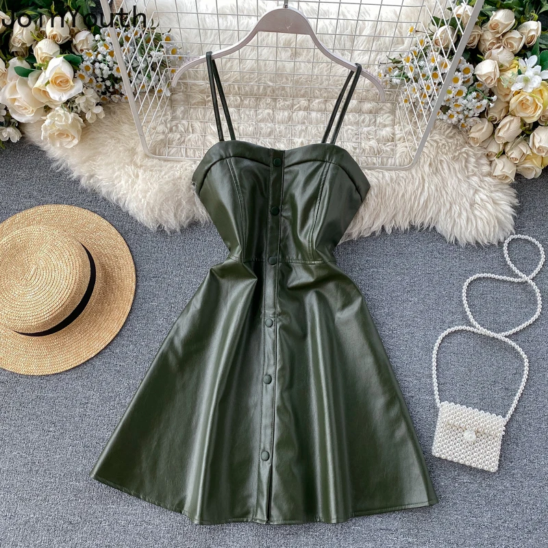 Joinyouth винтажное платье на бретельках из искусственной кожи пуговицы тонкая талия