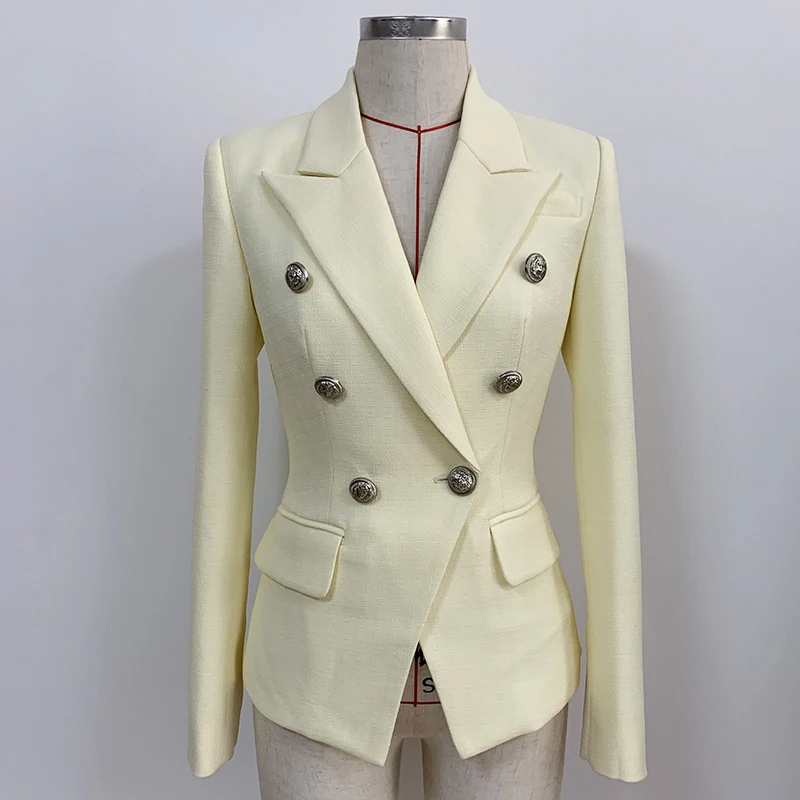 HIGH STREET Newest 2021 Classic Designer Blazer Women's Lion Buttons Double Breasted Slim Fit Textured Blazer Pastel yellow