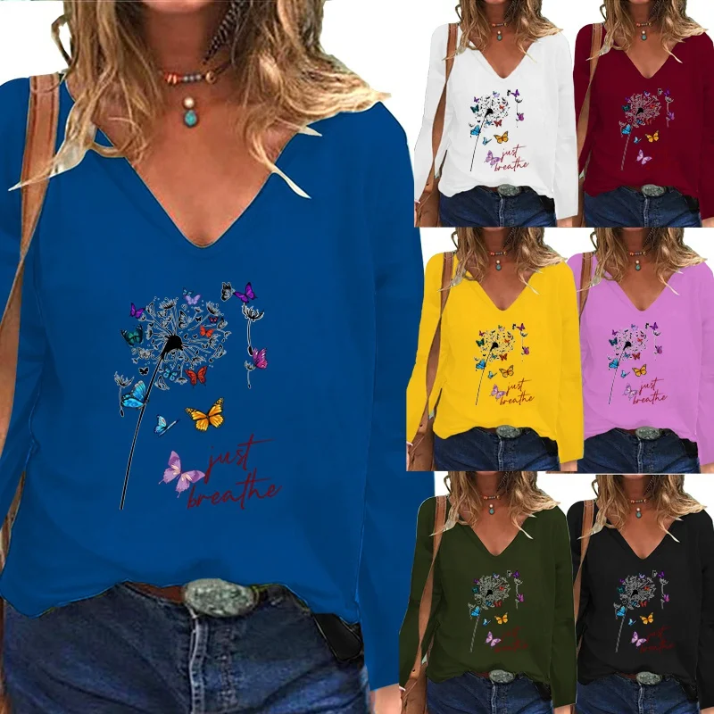 

Women Clothing Autumn and Winter Solid Color Fashion Printing Elegent Long Sleeve V-neck Pullover Loose Casual Tops-tee