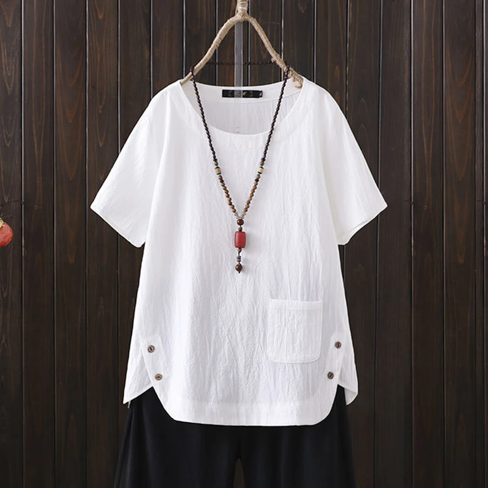 

2021 Summer White Blouse Women Cotton Linen Oversized Shirt Short Sleeve Solid O Neck Loose Casual Blouse Plus Size Tops Blusas