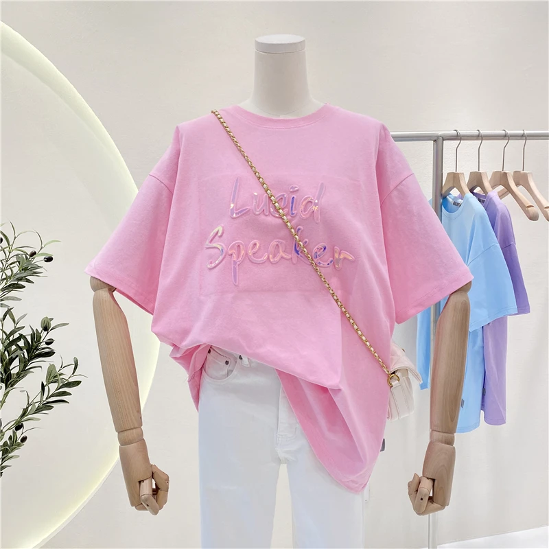 

Summer 2021 New Gilding Letters Printed Loose Western Style Short-Sleeved T-shirt for Women 100% Cotton Coat Tops Harajuku