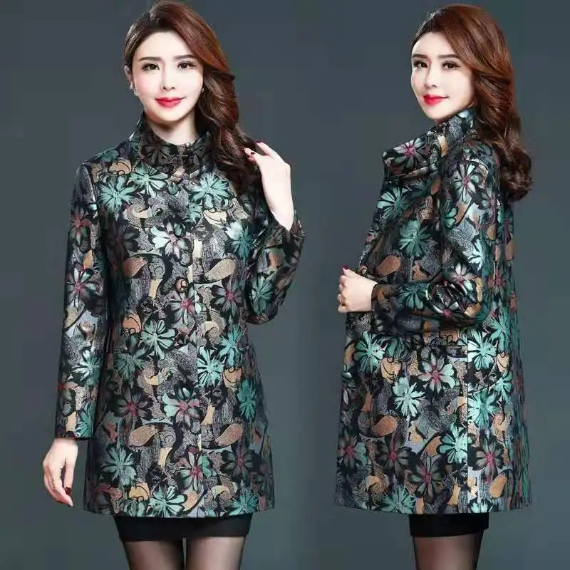 

Women 2020 Autumn New Genuine Real Sheepskin Coats Female Print Mid-long Outwears Ladies Loose Warm Large Size Jackets D95