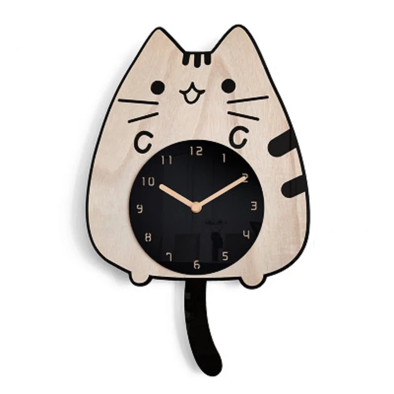Wooden Cartoon Wall Clocks Baby girls Children's Room home Decoration Cat Wagging Tail Design Creative Silent Swinging Clock | Дом и сад