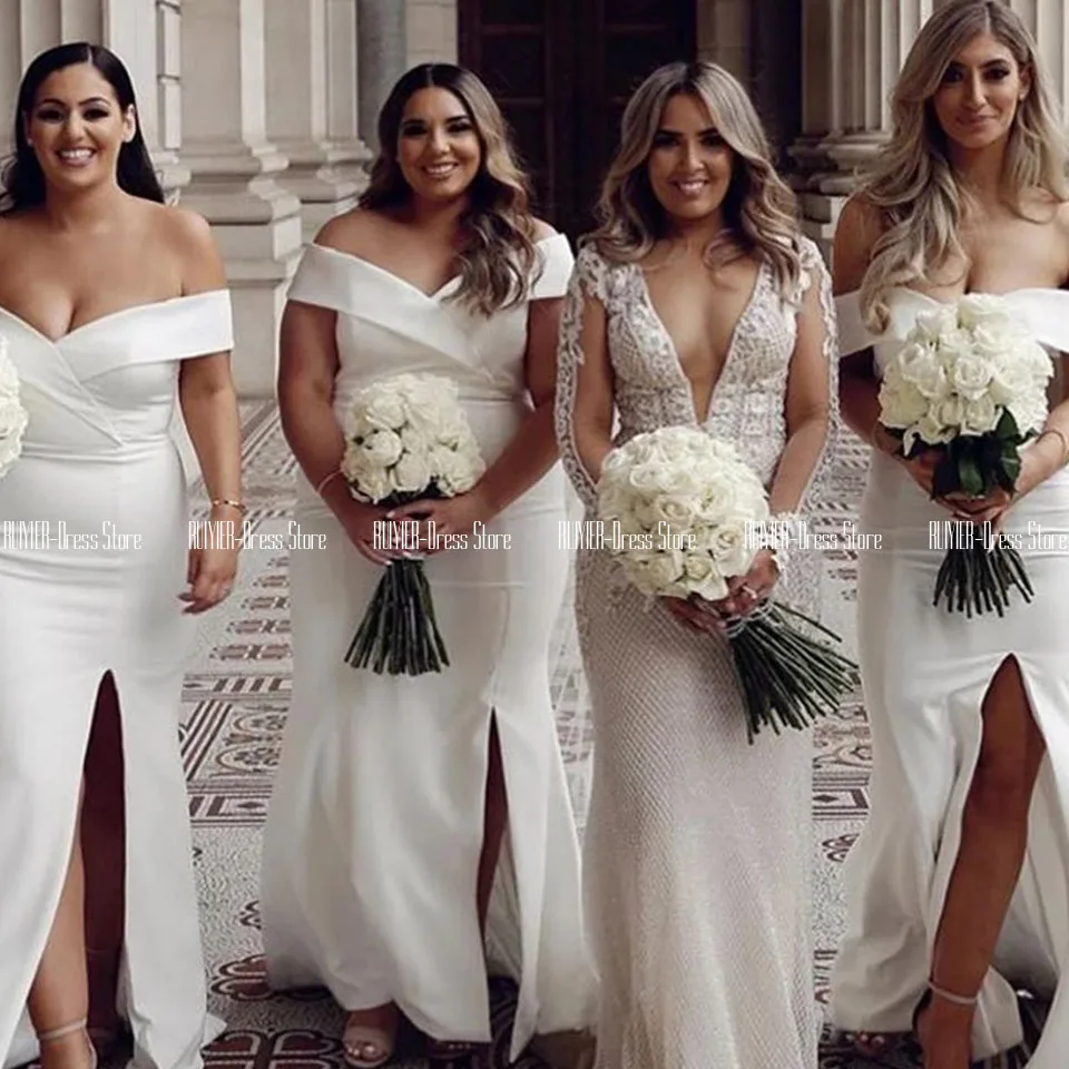 

Plus Size White Bridesmaid Dresses Off Shoulder Straight Maid Of Honor Dress For Wedding Party Elegant Cheap Satin Vestidos
