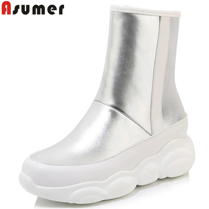 Женские ботильоны на молнии Asumer с круглым носком плоской платформе теплые зимние