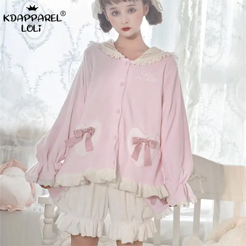 Princess Lolita Homewear Nightgown Sweet Women Long Sleeve Pajamas Pumpkin Shorts Set Flannel Fabric Lace Ruffle Spring Autumn