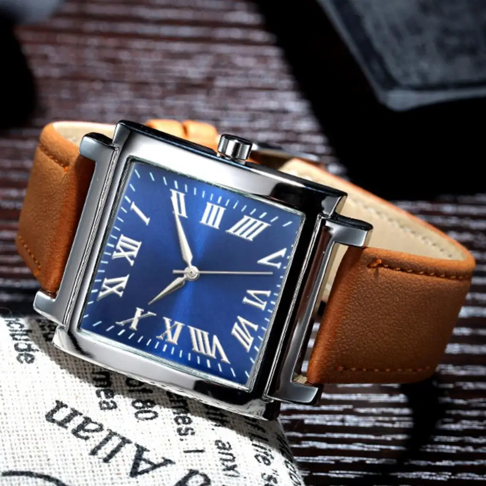 

40%HOT Fashion Men Square Dial Roman Numeral Faux Leather Strap Analog Quartz Watch