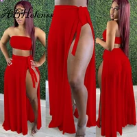 abhelenss bohemian strapless 3 piece beach outfit sexy off shoulder strapless crop toptriangle shortsmesh side split skirt