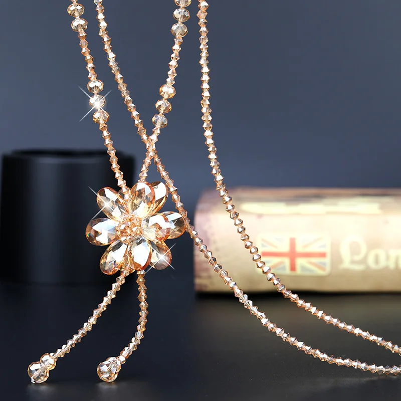 

Autumn and winter fashion wild tassel crystal sweater chain flower pendant necklace long luxury style mother's day gift female