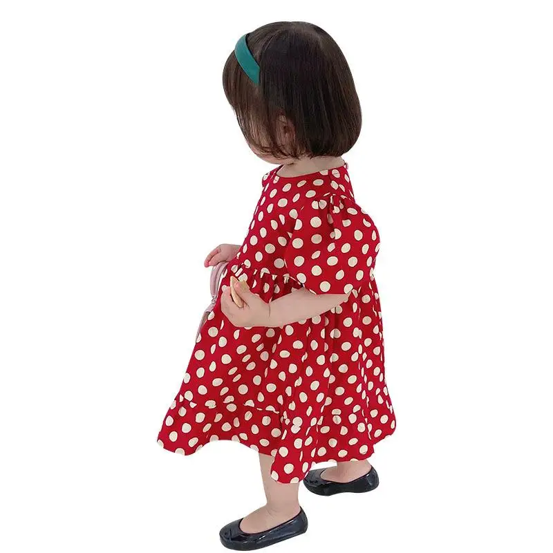 

2021 Summer Baby Girl Red Polka Dot Dress Kids Vestidos Children One Piece Clothes Vintage Elegant Princess Girls Cotton Dresses