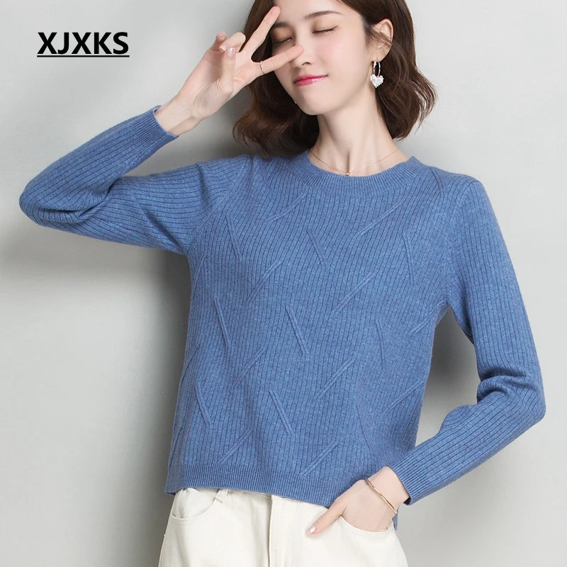 XJXKS Ropa Mujer Invierno Knitted Sweater Streetwear Ulzzang Young Ladies Tops Women Pullovers Jumper Solid Sweaters | Женская одежда