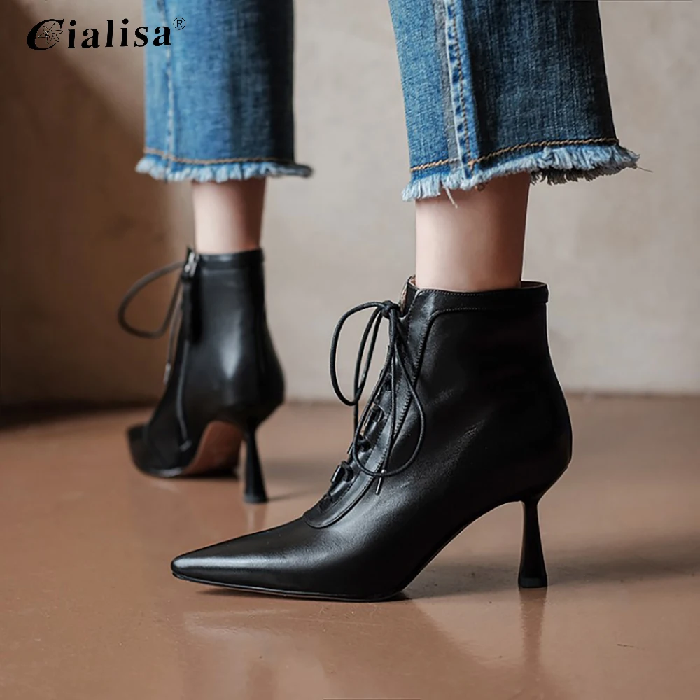 

CIALISA Boot Zipper Popular Women Ankle Boot High Heel Lace Up Genuine Leather Ladies Sexy Thin Heel 2020 Pointed Toe Shoes