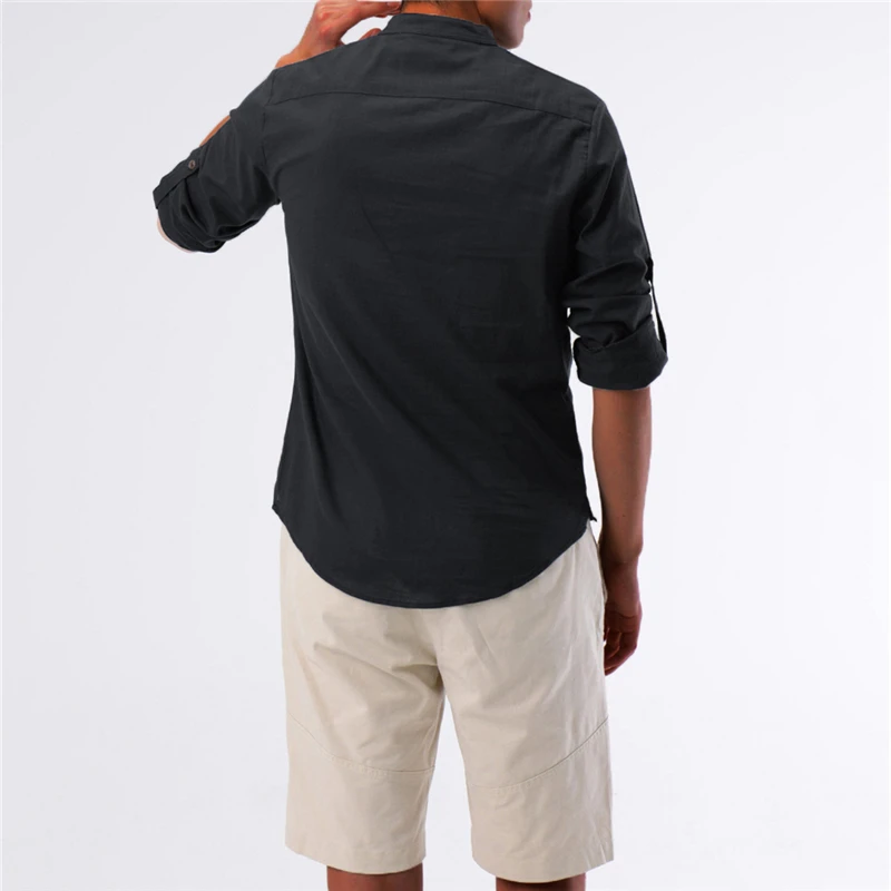 

Loldeal Long Sleeve Men Shirt Solid Color Stand Collar Zipper Slim Cotton Linen