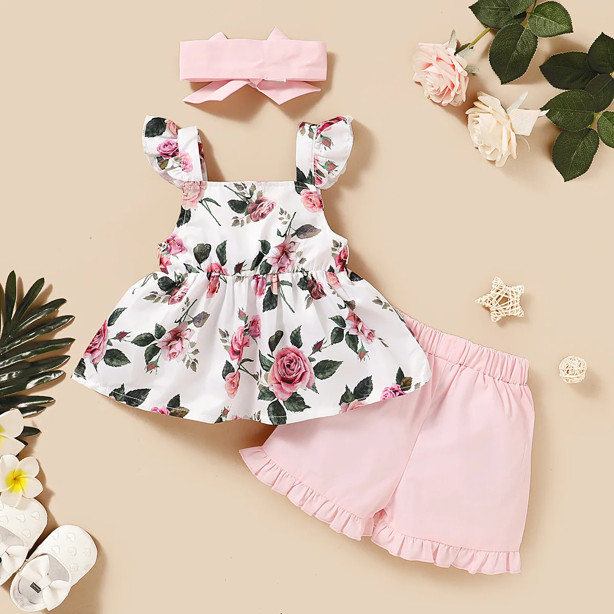 

Children's Clothes Baby Girl Summer Sleeveless Floral Sling Top + Solid Color Shorts + Hairband 3pcs Kid Clothing Suit for 0-4 Y