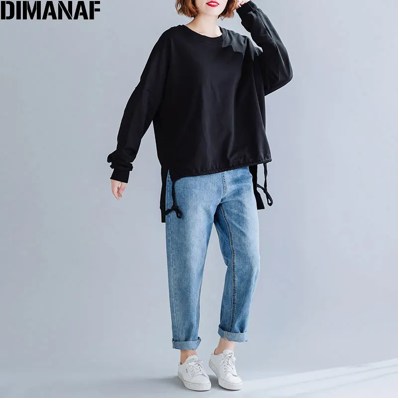 DIMANAF Autumn Winter Plus Size Women T-Shirt Basic Tunic Tops Shirts Cotton Long Sleeve Loose Casual Female Clothes Solid Black
