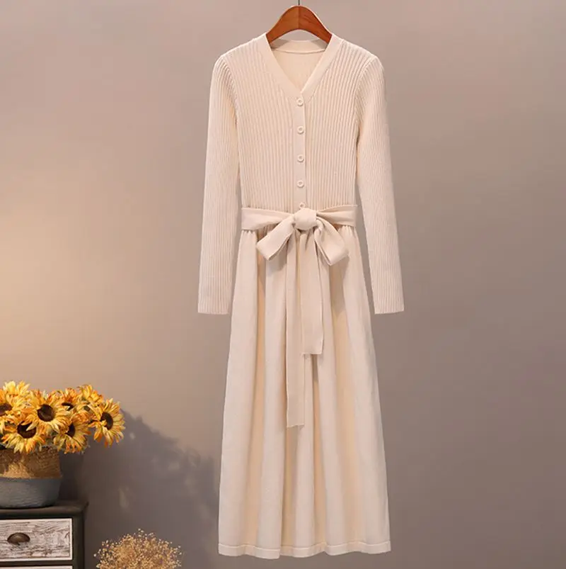 Женское трикотажное платье свитер BYGOUBY элегантное с v образным вырезом длинным