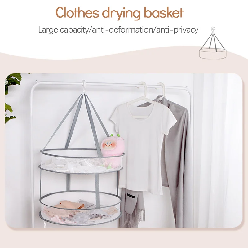 

Folding Clothes Drying Basket Double Layer Socks Sweater Drying Net Bag Underwear Hanging Basket Laundry Storage Home Organizer