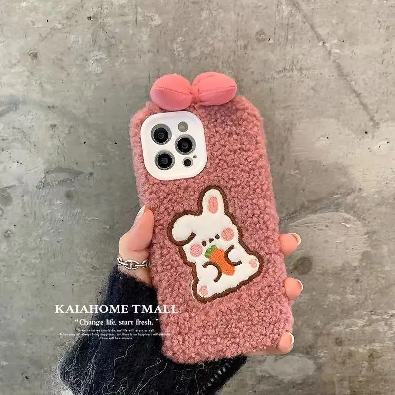 

Cute Rabbit Bow Soft Plush Phone Case For iPhone 13 12 11 Pro Max X XR 7plus 8 Plus XS Funda Winter Warm Furry Back Pink Cover