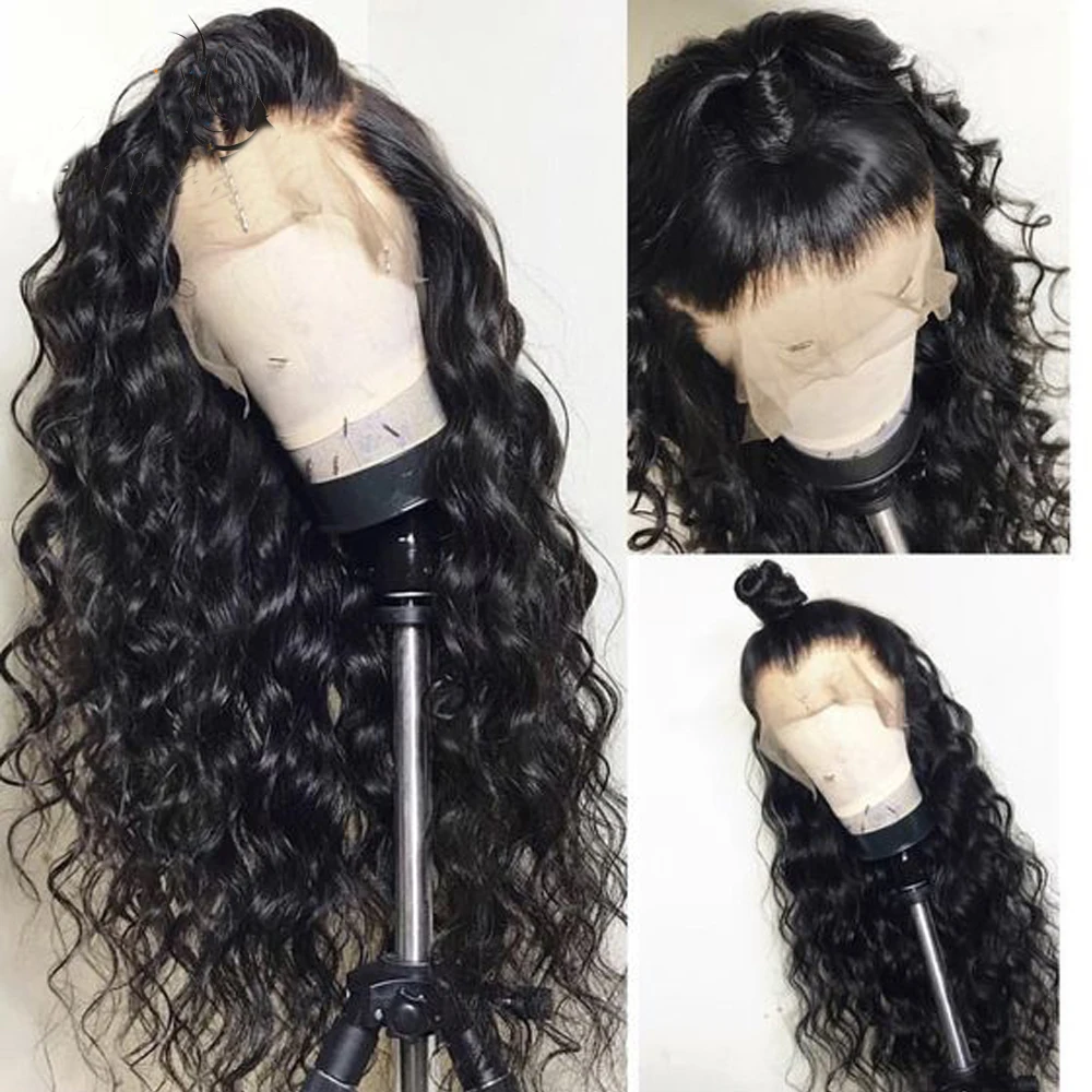

Soft Glueless 180% Density Long Black Color Curly Lace Front Synthetic Wigs For Women Deep Wave With Baby Hair Preplucked Daily