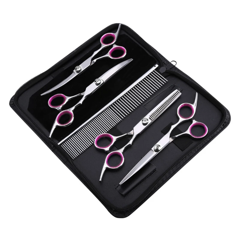 5 unid/set perro tijeras conjunto & adelgazamiento y curvadas Manual profesional de aseo de mascotas tijeras de Kits con bolsa de cuero para mascotas-2