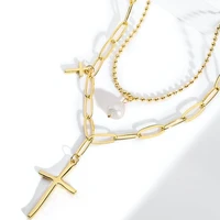 design sense pearl elegant trend simple double layer layered cross pendant necklace with special tail chain for women jewelry