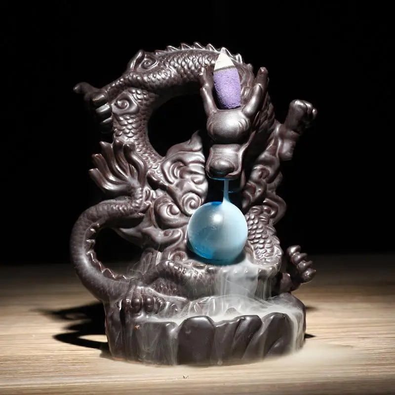

Ceramic Dragon Backflow Incense Burner With With Crystal Ball Smoke Waterfall Incense Sticks Holder 20 Pc Cones Porcelain Censer