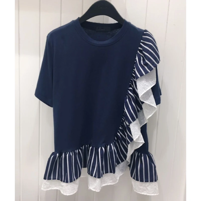 

Ruffles Stripe Patchwork Women T-Shirts Summer New Design 2021 O-Neck Slim Elegant Office Lady Pulls Tops Tees