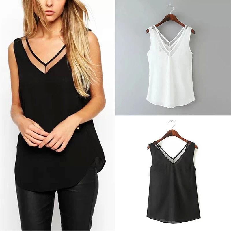 

FashionWomen V-neck Gauze Vest Chiffon Tees Shirt Women's Clothing Black White Solid Color Summer Female Casual Sleevesless Tops