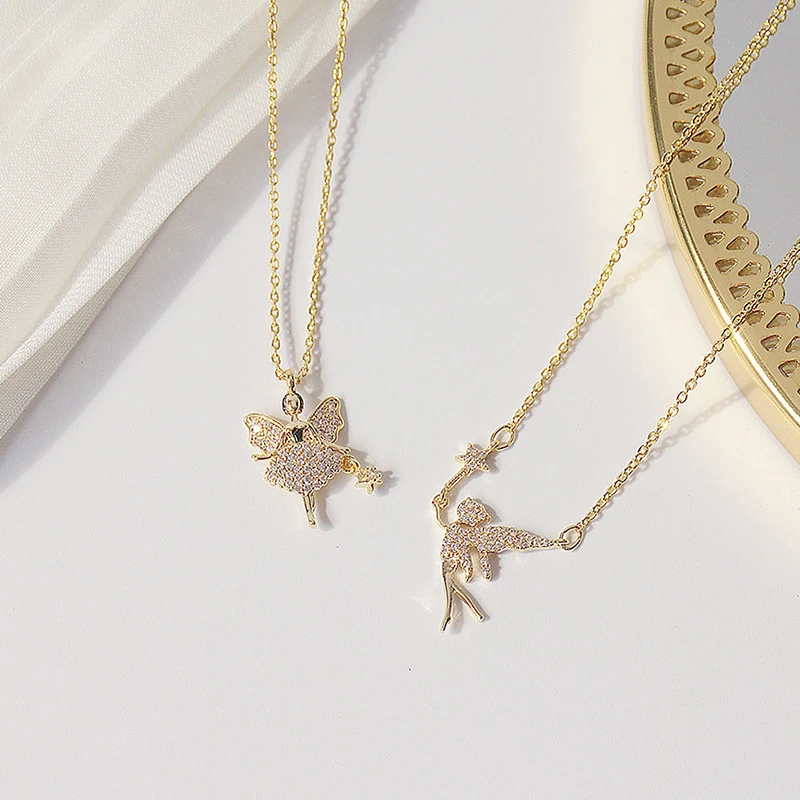 

Angel Pendant Necklace Inlaid With Artificial Diamond In Gold CZ Temperament Short Kolye Feminia Clavicle Colar Accessories