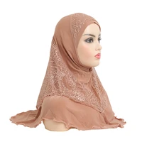 h126 high quality medium size 7060cm muslim amira hijab with lace pull on islamic scarf head wrap pray scarves womens headwear