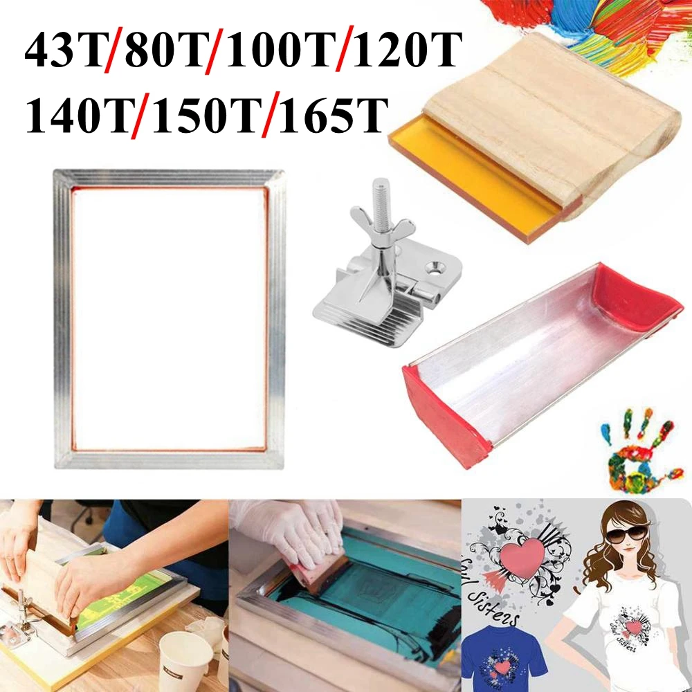 Silk Screen Printing Kit 43/120T Silkscreen Mesh Aluminum Frame + Hinge Clamp + Emulsion Scoop Coater + Squeegee Tool Parts Set