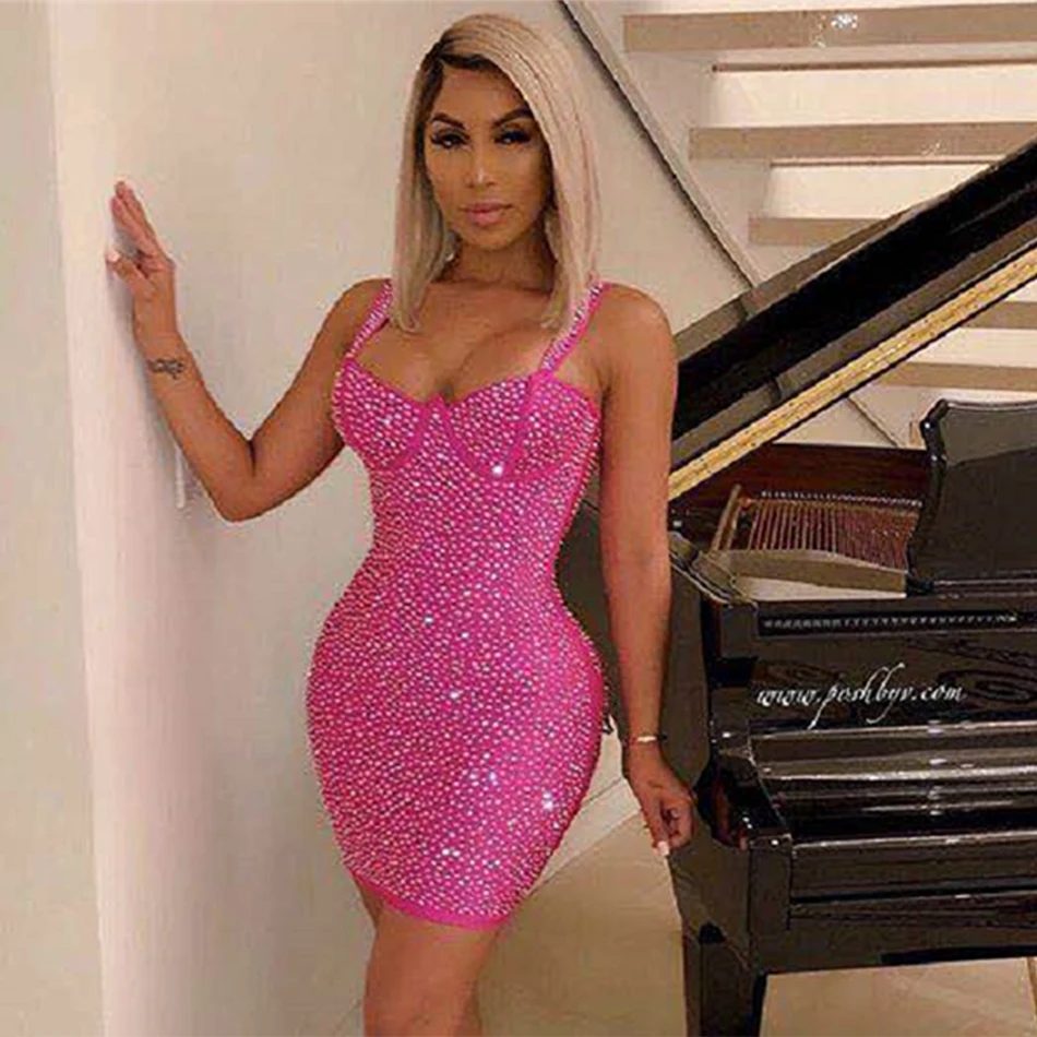 

Ailigou 2021 Summer New Women'S Bandage Dress Sexy Spaghetti Backless Diamonds Tight Mini Dress Vestidos