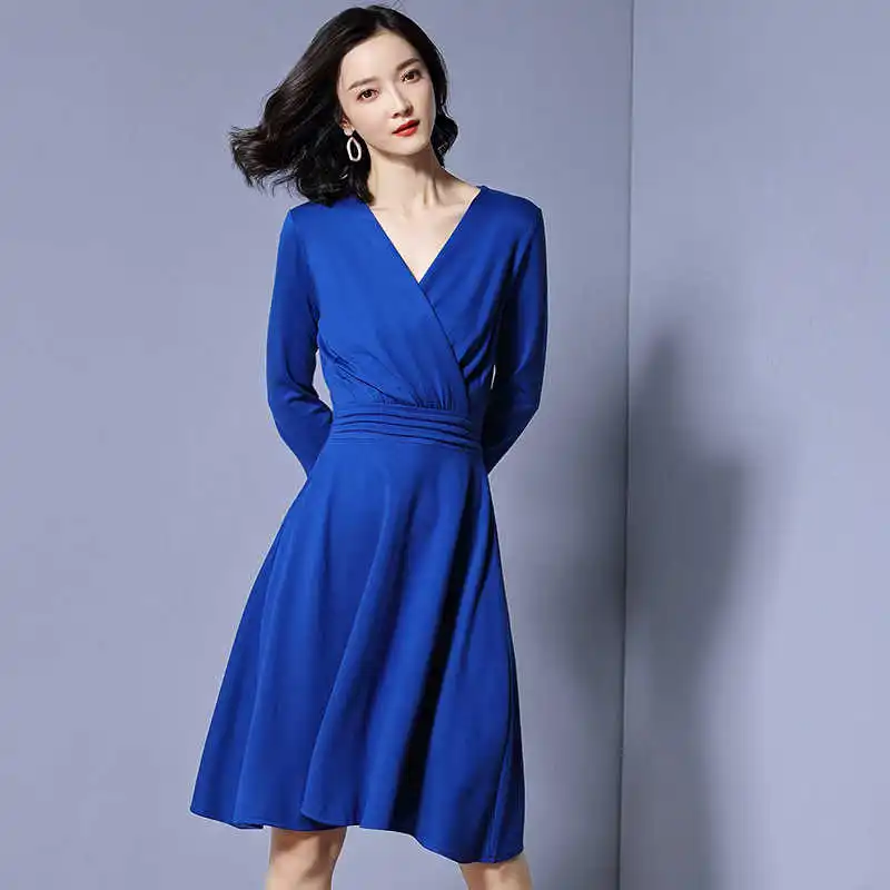

Womens Spring 2021 Clothing European Fashion Slim V-neck Simple Solid Color Mid-knee A-line Elegant Nine-sleeve Party Dress