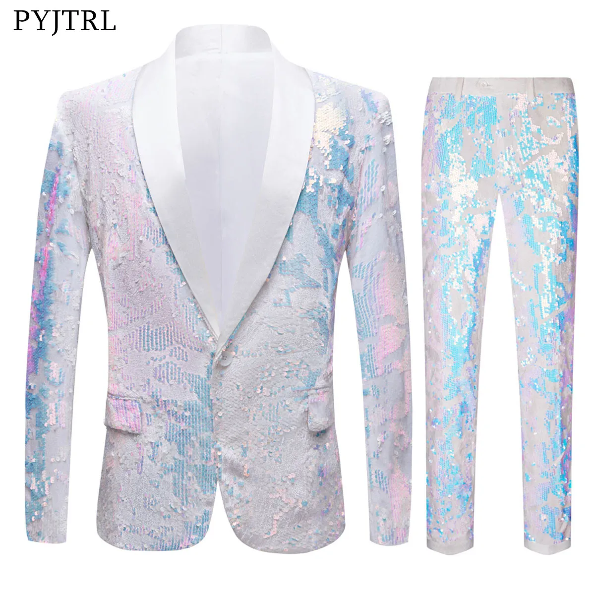 

PYJTRL Men White Velvet Fantasy Color Sequins Suits With Pants Blazers Club Singer Wedding Prom Tuxedo Slim Fit Suit Costume