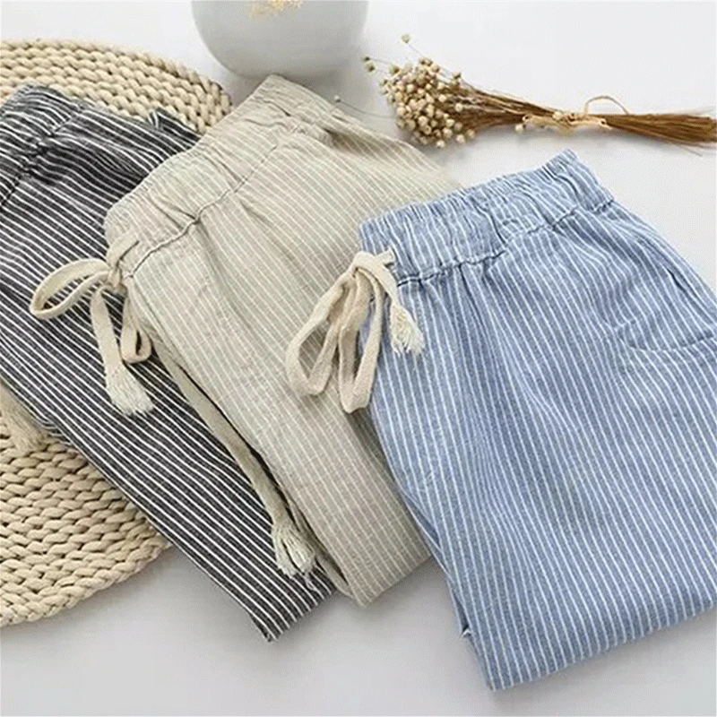 

Cotton Linen Women Casual Pants 2020 Fashion Loose Long Pants Elastic Waist Straight Striped Trousers Pantalon