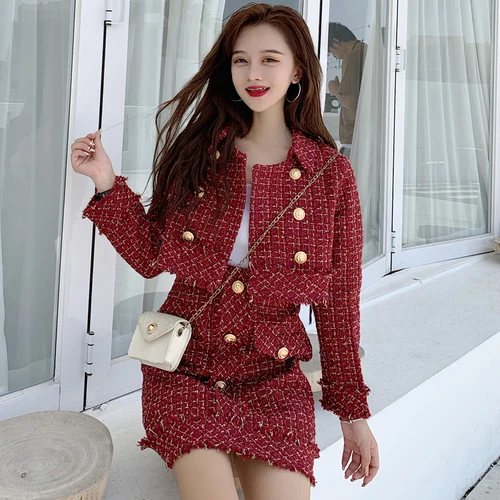 2021 Women Retro Tweed Jacket A-line Skirt Two Piece Set ladies Runway Spliced Plaid Gold trim Short Coats Skirts Outfits Suits |